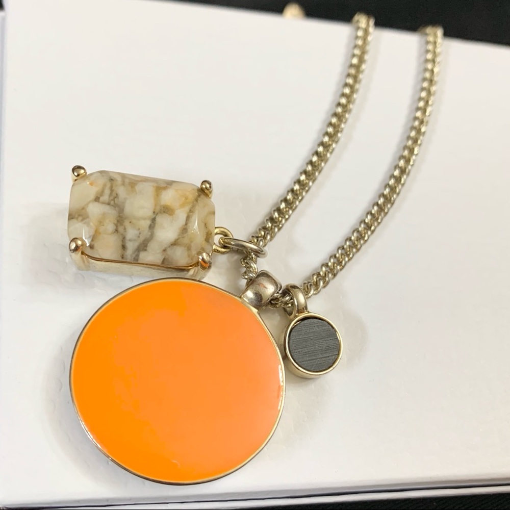 Ann Taylor Orange Enamel Triple Pendant Long Gold Chain Necklace 31”